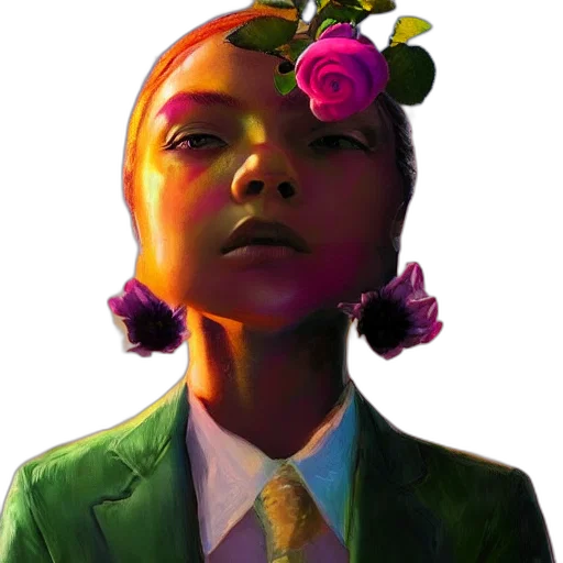 face, crown, flower, jacket, concept art, photorealistic, fantasy art, oil painting transparent PNG cut-out