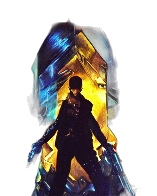 jacket, mask, sword, weapon, concept art, cyberpunk, pixel art, comic book art transparent PNG cut-out