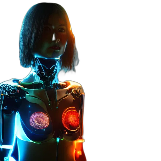 robot, cyberpunk, concept art, 3d render, neon lights, japanese, model, cyborg transparent PNG cut-out