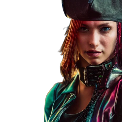 face, jacket, cyberpunk, photorealistic transparent PNG cut-out