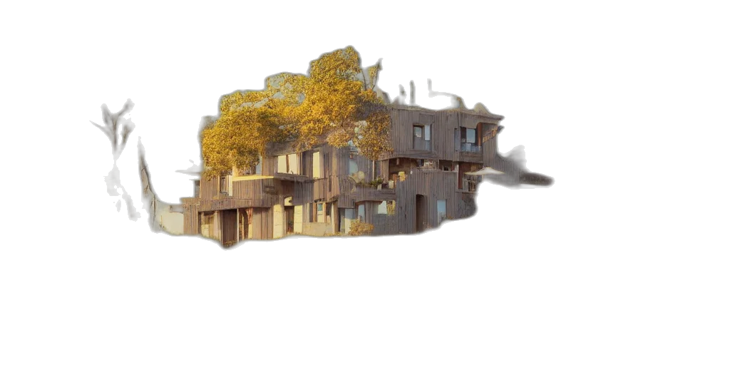 building, tree, 3d render, concept art transparent PNG cut-out