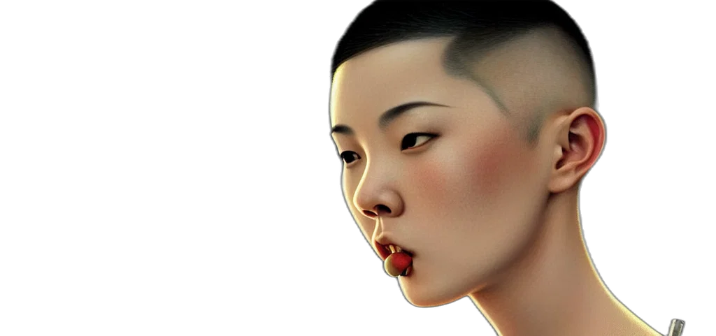 face, hair, photorealistic, concept art, 3d render, cyberpunk, buzz, cut transparent PNG cut-out