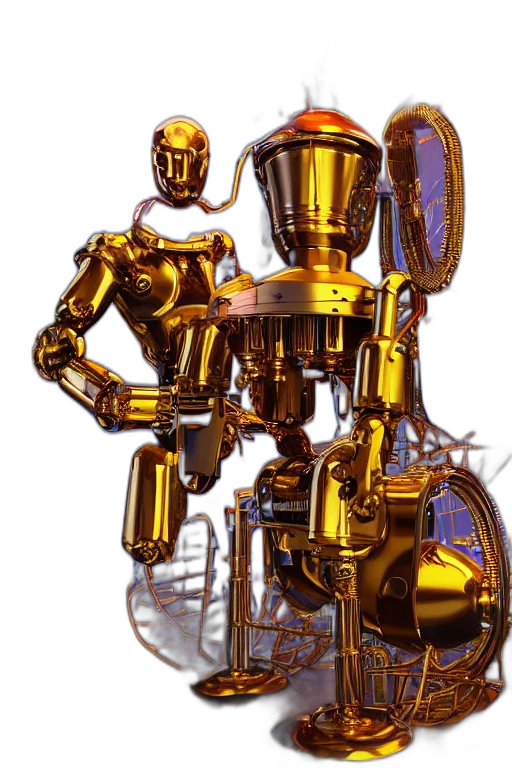 robot, staff, weapon, crown, 3d render, concept art, pixel art, cyberpunk transparent PNG cut-out