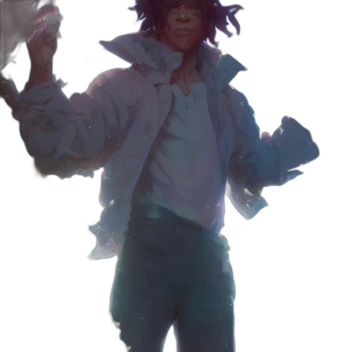 jacket, staff, creature, face, concept art, cyberpunk, vaporwave, fantasy art transparent PNG cut-out