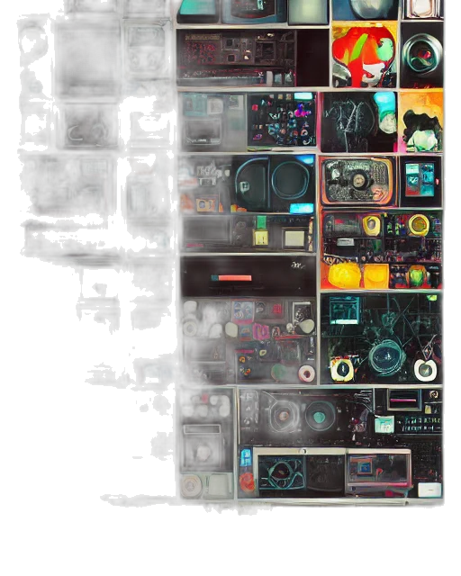 robot, weapon, cyberpunk, concept art, vaporwave, outer space, dark, colorful transparent PNG cut-out
