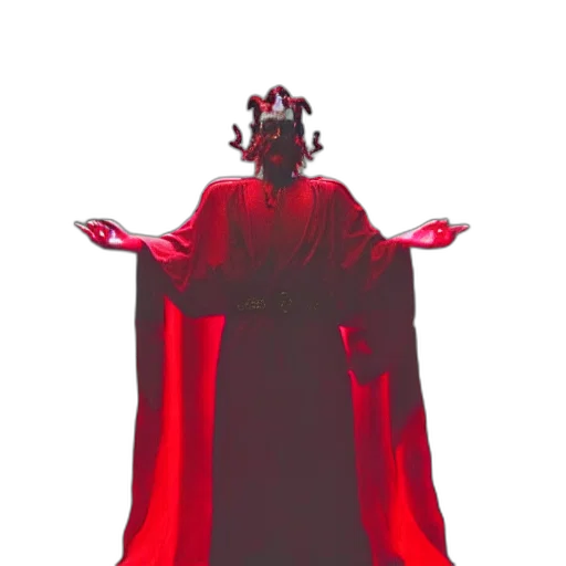 crown, mask, dress, staff, concept art, 3d render, red, hades transparent PNG cut-out