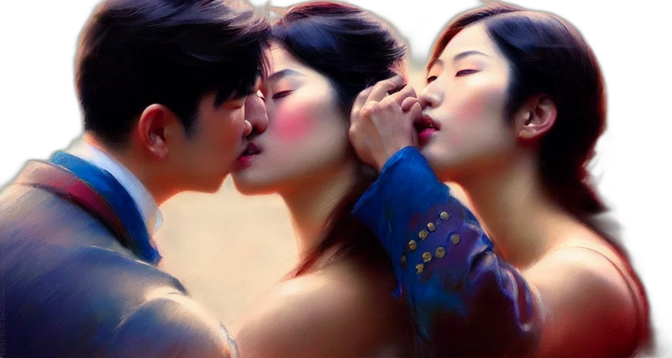 photorealistic, oil painting, fire, photography, asian, couples, kissing, each transparent PNG cut-out