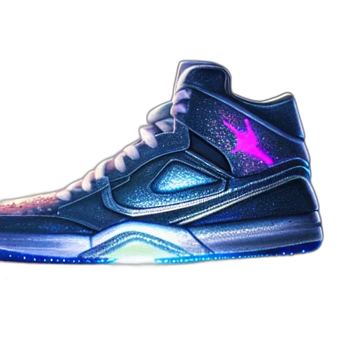 shoes, vaporwave, 3d render, neon lights, galaxy, jordans, realistic, extremely transparent PNG cut-out