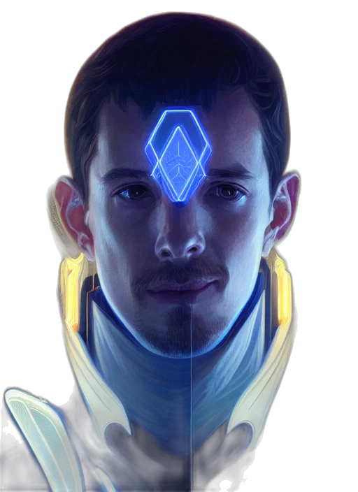 face, robot, staff, mask, concept art, cyberpunk, fantasy art, photorealistic transparent PNG cut-out