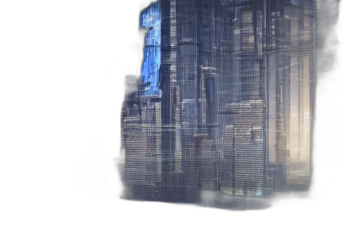 building, robot, 3d render, concept art, cyberpunk, photorealistic, fog, city street transparent PNG cut-out