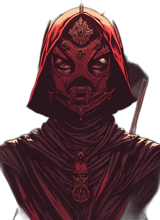 mask, face, staff, comic book art, concept art, fantasy art, pixel art, red transparent PNG cut-out