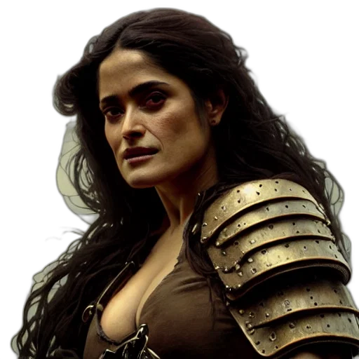 fantasy art, portrait, salma, hayek, surly, determined, female, barbarian transparent PNG cut-out