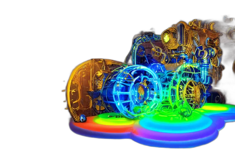 car, robot, 3d render, floor, fluffy, rainbow, foam, portrait transparent PNG cut-out