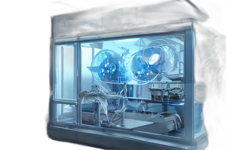robot, 3d render, concept art, mad, biopunk, scientist, his, futuristic transparent PNG cut-out