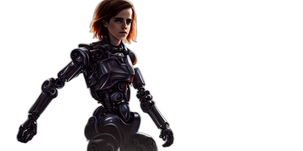 robot, concept art, cyberpunk, comic book art, fantasy art, emma, watson, chrome transparent PNG cut-out