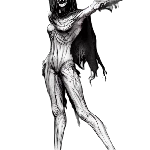 creature, staff, dress, concept art, fantasy art, comic book art, pencil sketch, dark transparent PNG cut-out