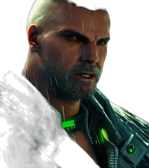 face, weapon, jacket, cyberpunk, concept art, photorealistic, fantasy art, green transparent PNG cut-out
