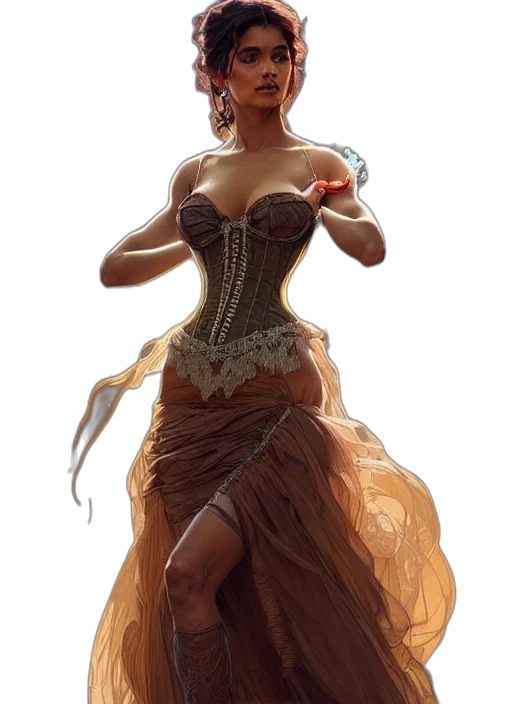 dress, fantasy art, concept art, comic book art, photorealistic, fire, golden, earth tones transparent PNG cut-out