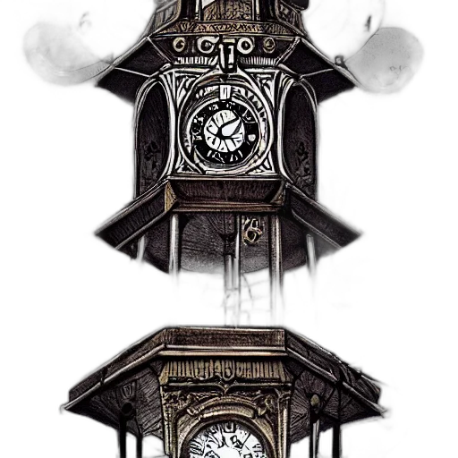 concept art, fantasy art, 3d render, photorealistic, fog, monochrome, clock, tower transparent PNG cut-out