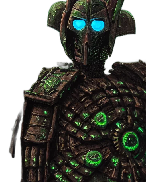 robot, staff, mask, concept art, 3d render, comic book art, fantasy art, green transparent PNG cut-out