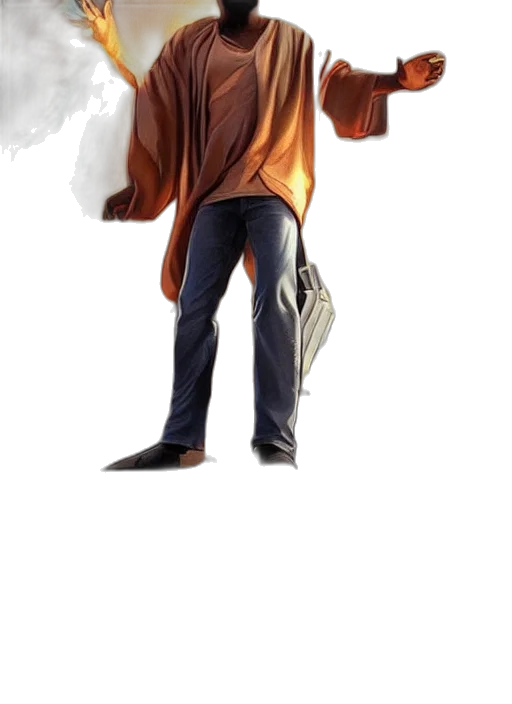 jacket, staff, concept art, comic book art, photorealistic, fantasy art, fog, earth tones transparent PNG cut-out