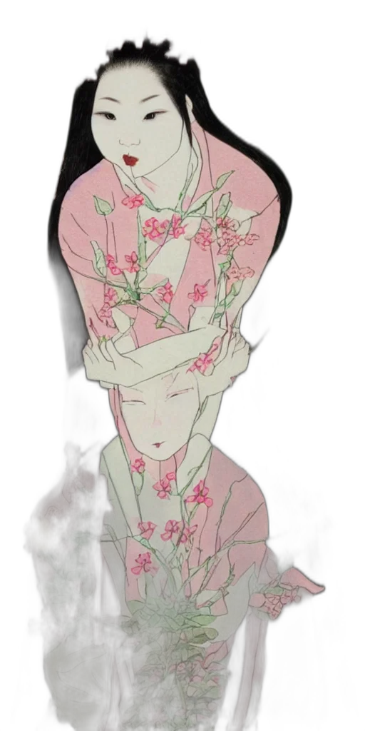 dress, mask, flower, staff, anime, concept art, vaporwave, watercolor transparent PNG cut-out