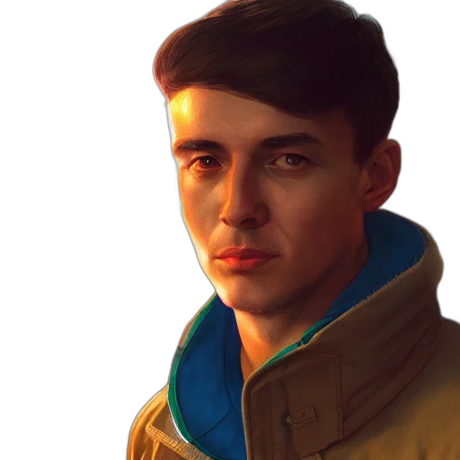 jacket, face, staff, photorealistic, concept art, comic book art, oil painting, blue transparent PNG cut-out