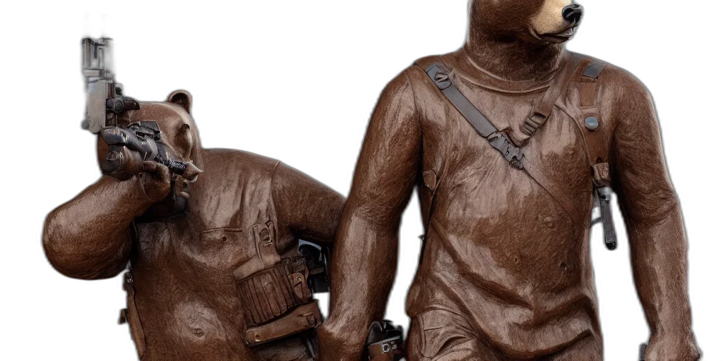 3d render, brown, bear, statue, tommy, gun, his, back transparent PNG cut-out