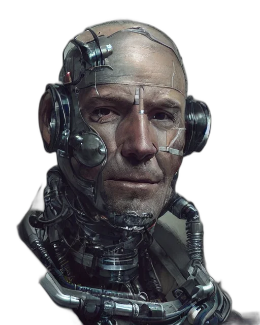 robot, face, mask, jacket, cyberpunk, concept art, photorealistic, 3d render transparent PNG cut-out