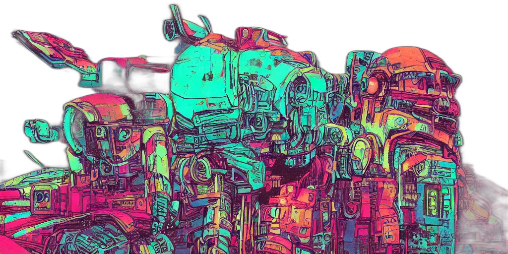 robot, weapon, cyberpunk, vaporwave transparent PNG cut-out