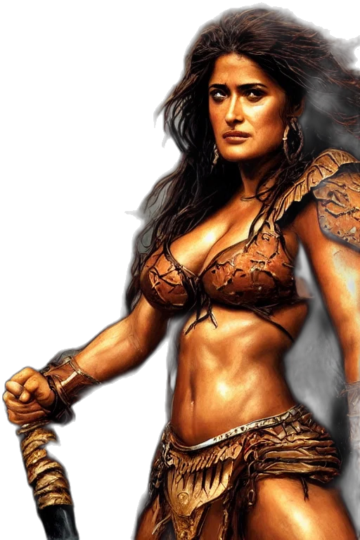 photorealistic, fantasy art, comic book art, concept art, portrait, salma, hayek, barbarian transparent PNG cut-out