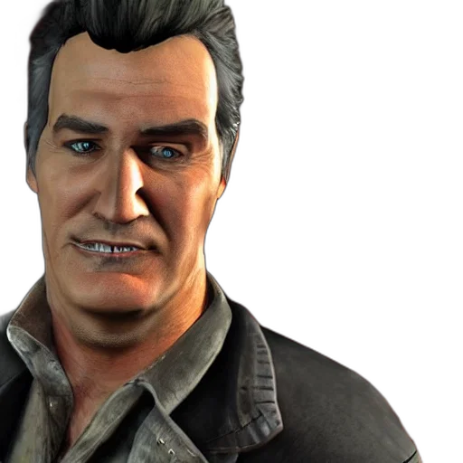 face, 3d render, photorealistic, concept art, screenshot, bruce, campbell, read transparent PNG cut-out