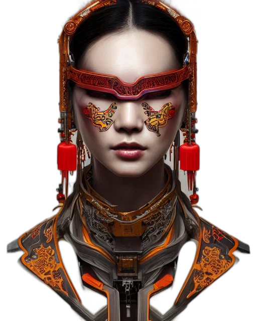 robot, face, mask, jewelry, cyberpunk, concept art, photorealistic, 3d render transparent PNG cut-out