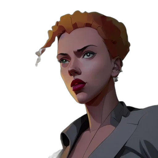 face, jacket, comic book art, concept art, photorealistic, cartoon, scarlett, johansson transparent PNG cut-out
