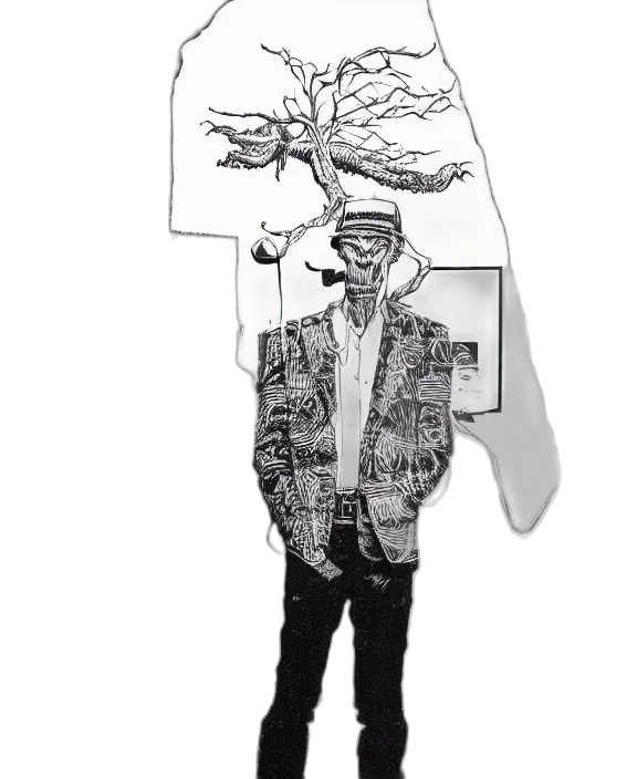 tree, jacket, staff, hat, cartoon, concept art, pencil sketch, pixel art transparent PNG cut-out
