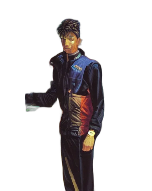 jacket, staff, robot, face, concept art, pixel art, cyberpunk, vaporwave transparent PNG cut-out