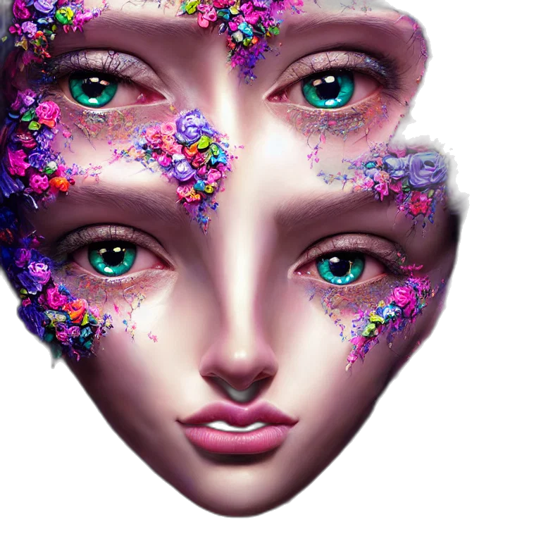 mask, face, jewelry, robot, photorealistic, 3d render, fantasy art, vaporwave transparent PNG cut-out