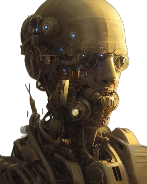 robot, face, cyberpunk, concept art, 3d render, photorealistic, golden, rugged transparent PNG cut-out