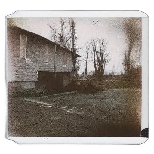tree, building, car, robot, fog, polaroid, photo, unsettling transparent PNG cut-out