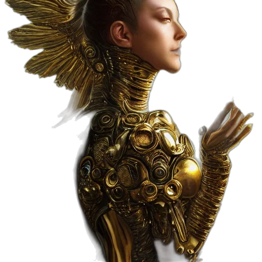 jewelry, robot, crown, fantasy art, concept art, photorealistic, oil painting, golden transparent PNG cut-out