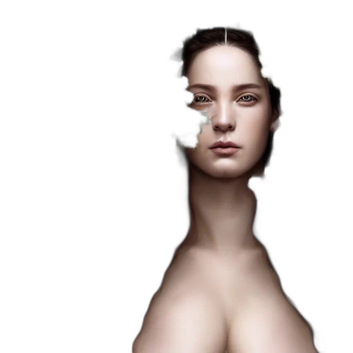 hair, face, robot, dress, photorealistic, 3d render, concept art, fantasy art transparent PNG cut-out