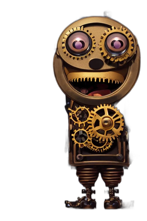 robot, mask, staff, concept art, 3d render, golden, tiny, cute transparent PNG cut-out