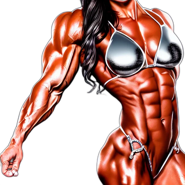photorealistic, comic book art, cartoon, concept art, ifbb, bikini, model, chrome transparent PNG cut-out