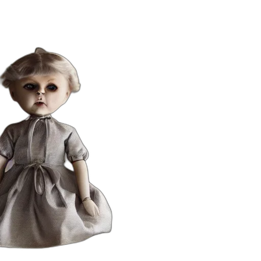 dress, 3d render, concept art, photorealistic, creepy, doll, sitting, shelf transparent PNG cut-out