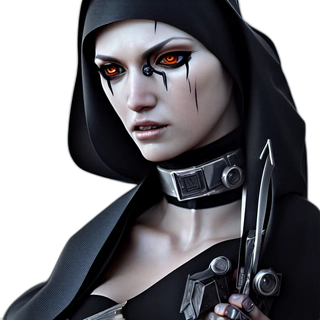 staff, face, concept art, fantasy art, cyberpunk, photorealistic, dark, nun transparent PNG cut-out
