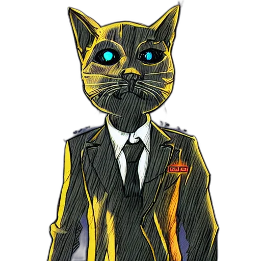 staff, jacket, comic book art, concept art, cartoon, pixel art, cyberpunk, cat transparent PNG cut-out