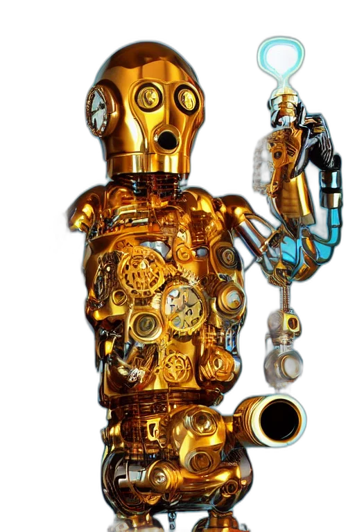 robot, jewelry, staff, weapon, concept art, 3d render, cyberpunk, golden transparent PNG cut-out