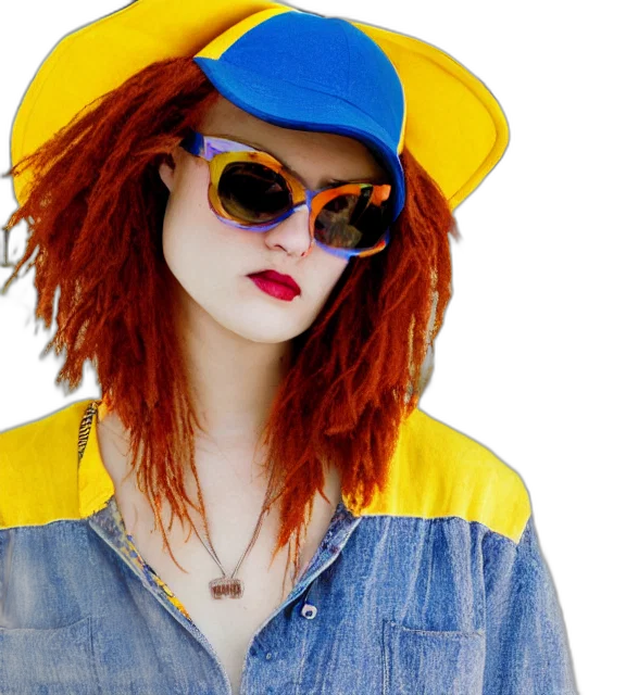 hat, jacket, jewelry, hair, photorealistic, neon, colorful, blue transparent PNG cut-out