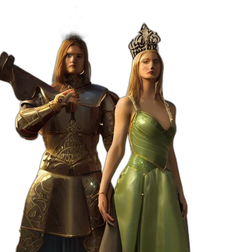 crown, sword, dress, concept art, fantasy art, 3d render, golden, earth tones transparent PNG cut-out