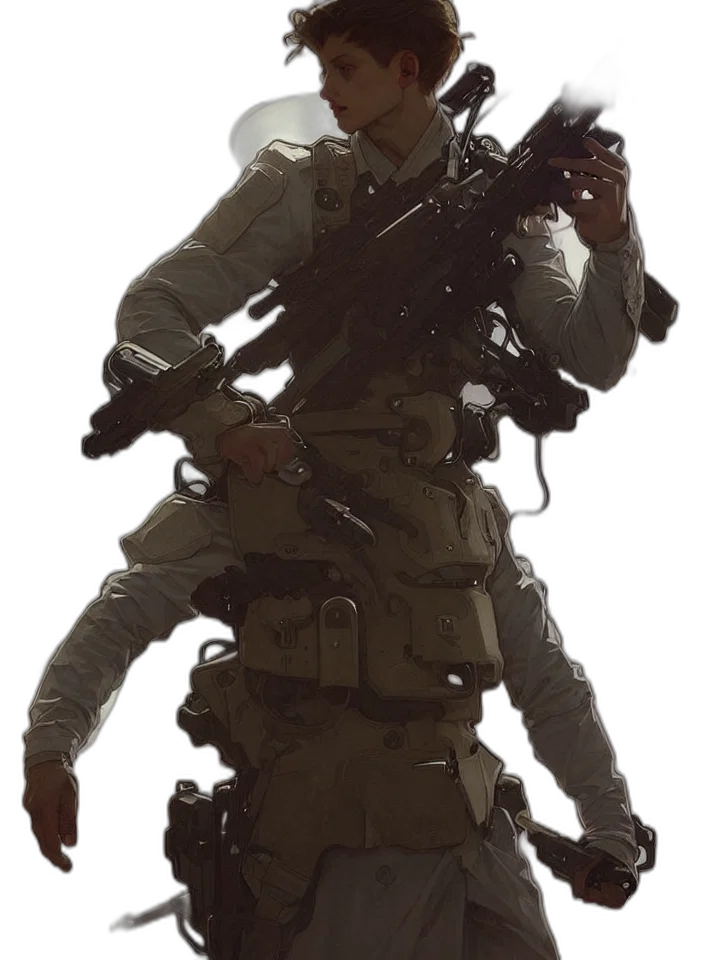 weapon, jacket, staff, face, concept art, 3d render, photorealistic, comic book art transparent PNG cut-out